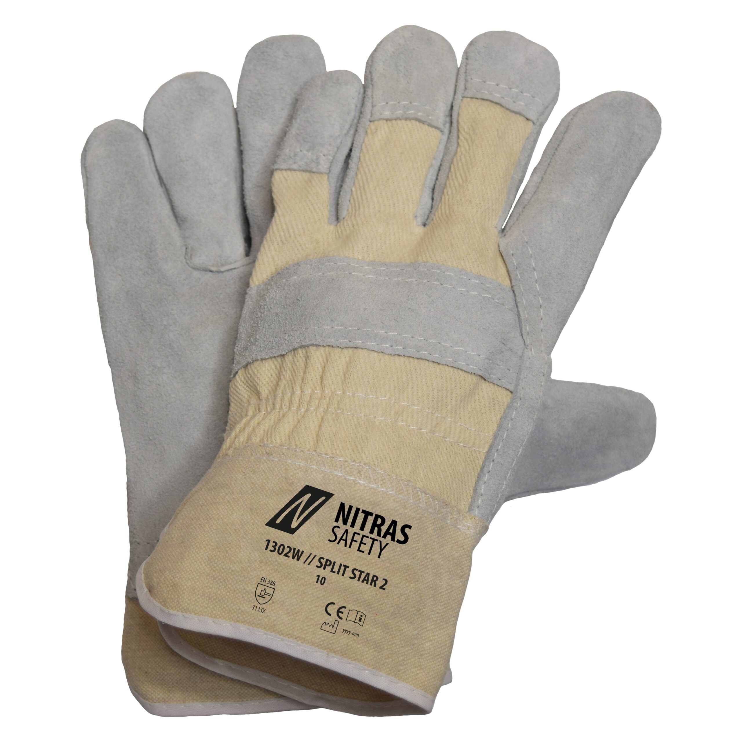 NITRAS SPLIT STAR 2, Rindspaltlederhandschuhe, naturfarben / grau, EN 388
