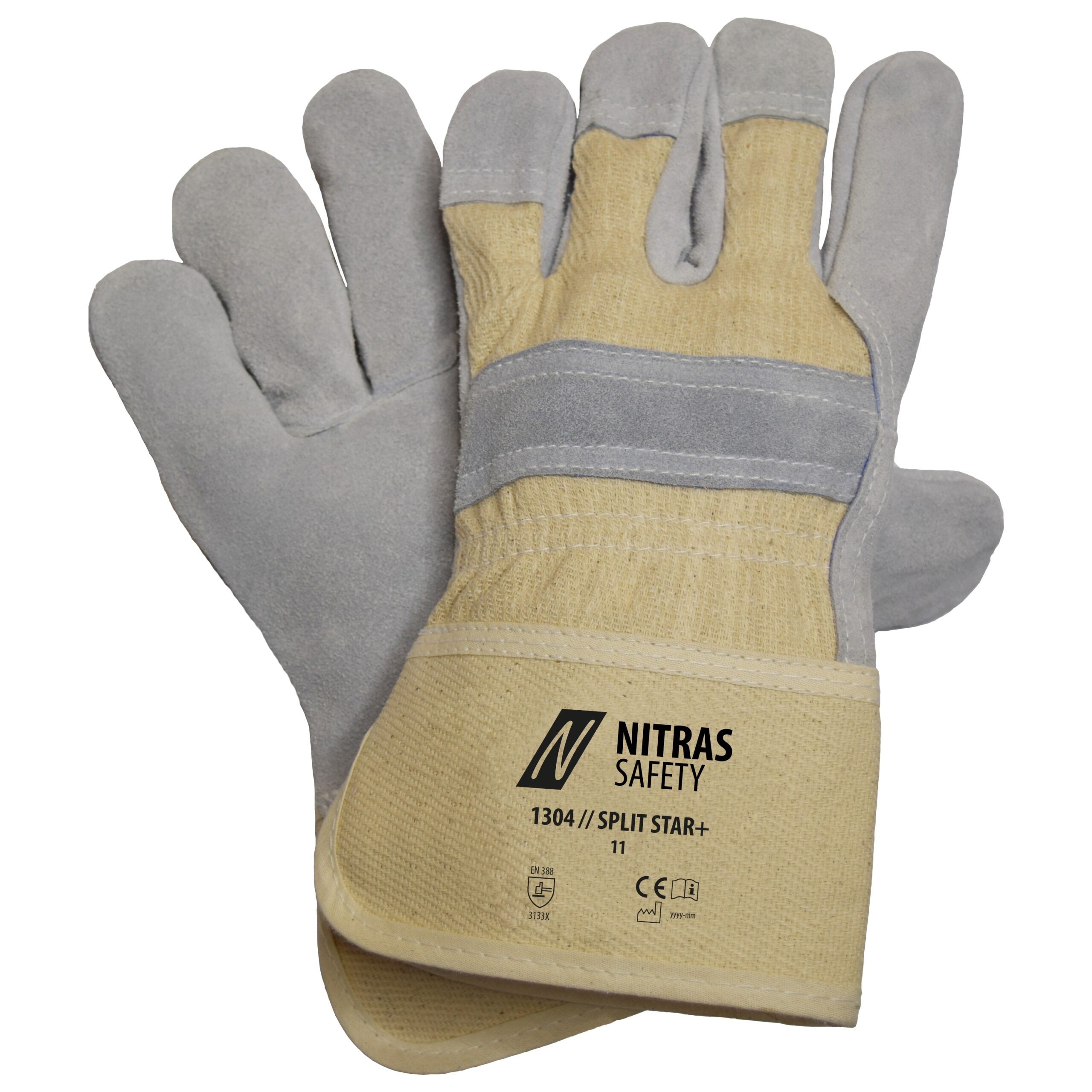 NITRAS SPLIT STAR+, Rindspaltlederhandschuhe, naturfarben / grau, EN 388