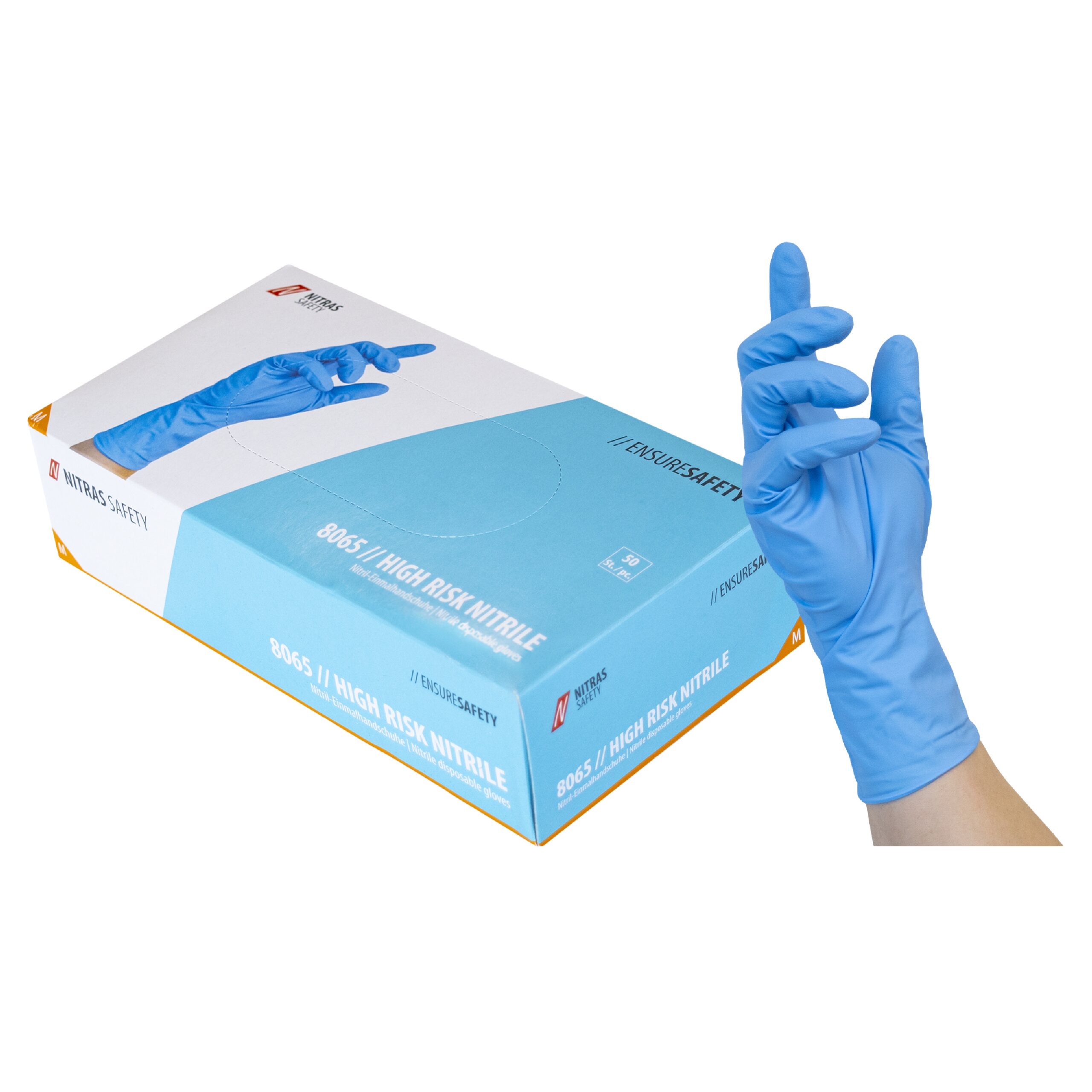 NITRAS HIGH RISK NITRILE, Nitril-Einmalhandschuhe, blau, EN ISO 374, EN 388, Box à 50 Stück (Gr. 2XL - Box à 45 Stück)