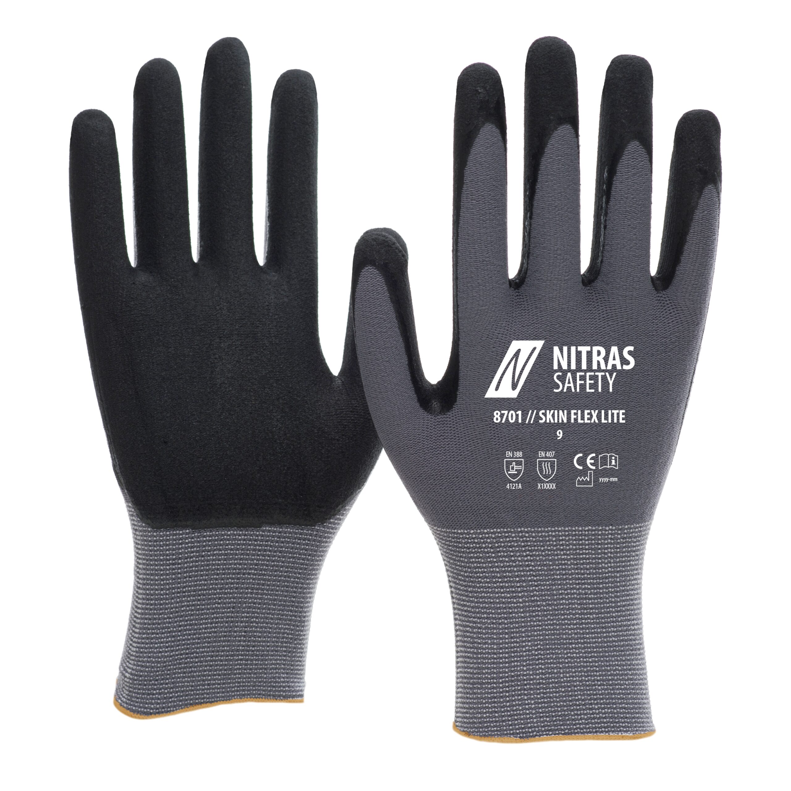 NITRAS SKIN FLEX LITE, Montagehandschuhe, grau / schwarz, EN ISO 21420, EN 388, EN 407, OEKO-TEX