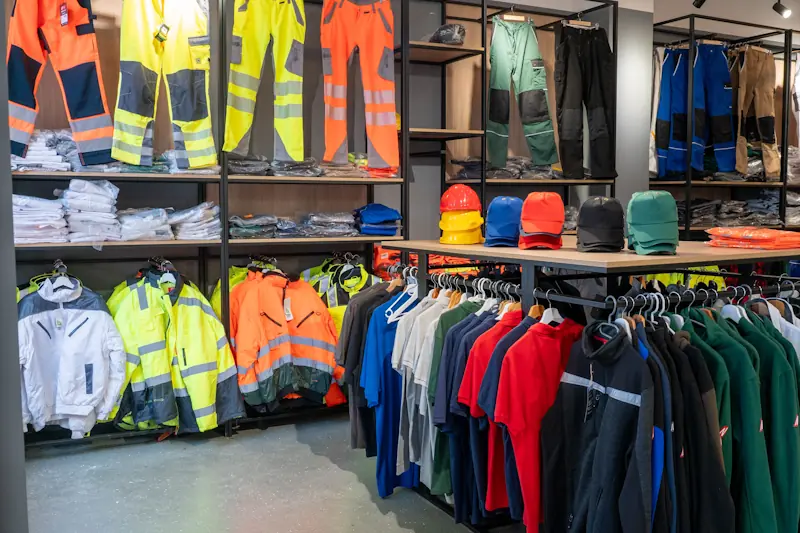 Verkaufsfläche mit Regalen und Kleiderstangen, die bunte Arbeitskleidung, Warnjacken, Helme und Mützen zeigen